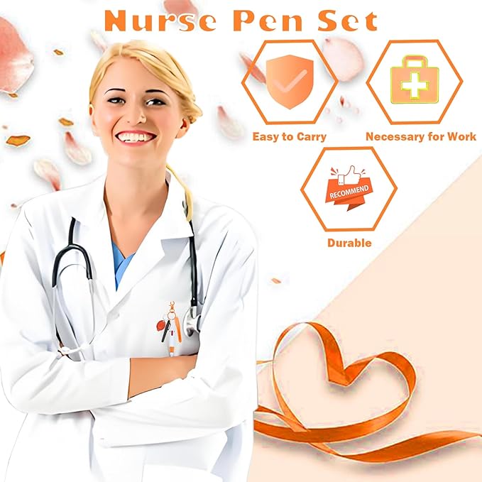 Nurse Pen Set, Badge Reel Pen Include Highlighter, Permanent Marker, LED Keychain Flashlight, Ballpoint Pen, and Nursing Keychain Clip (Orange)