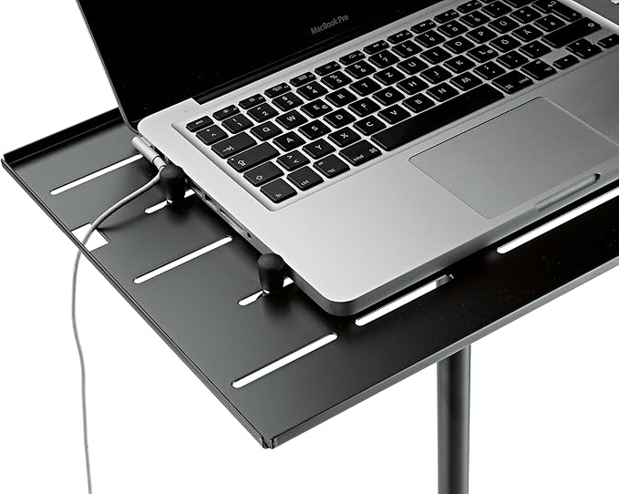 K&M Konig & Meyer 12185.000.55 Laptop Stand | Oversized Desk w/Adjustable Height & Securing Bolts | Cross Brace Foldable Tripod Legs | Ergonomic | Compact | Portable | German Made | Black