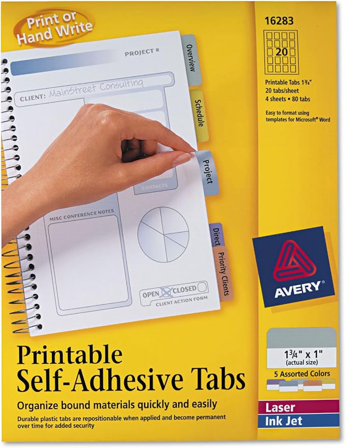 Avery 16283 Printable Tabs, Self-Adhesive, 80/PK, 1-3/4-Inch, Assorted