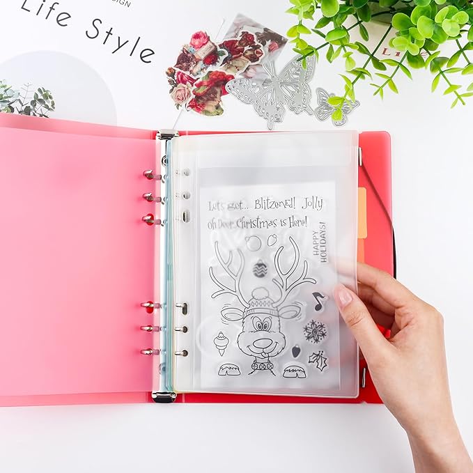 BAOFALI 2Pcs /Set A5 6 Ring Binder Cover Clean Transparent Soft PVC for Refillable Notebook Shell withMatte surfaceforStamp & Die Storage (Red)