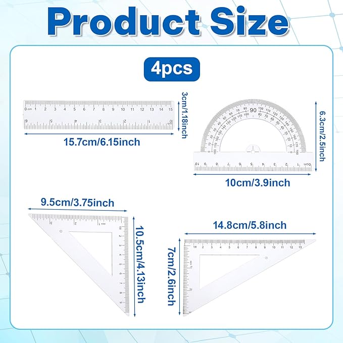 4 PCS Plastic Ruler Math Geometry Set, Transparent Measuring Tool Kit Includes Protractor Straight Ruler Triangle Rulers for School Office Home Teachers Students Supplies