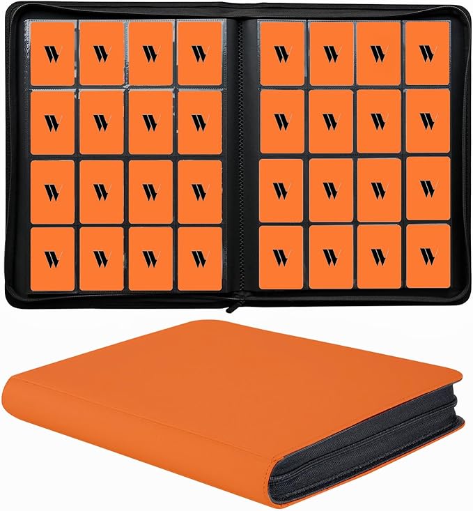 16 Pocket Card Binder, 1000+ Premium Zip Trading Card Binder, Double Sided Pocket Card Binder Album, Ringless Card Folder for MTG, TCG, Sports Card (Orange, 16Pockets)