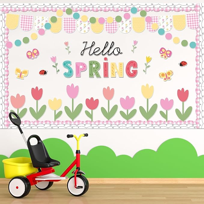 Hello Spring Bulletin Board Decorations Tulip Cutouts Pink Floral Bulletin Board Set Spring Classroom Decor for School Classroom Office Chalkboard Wall Door Window Party Supplies