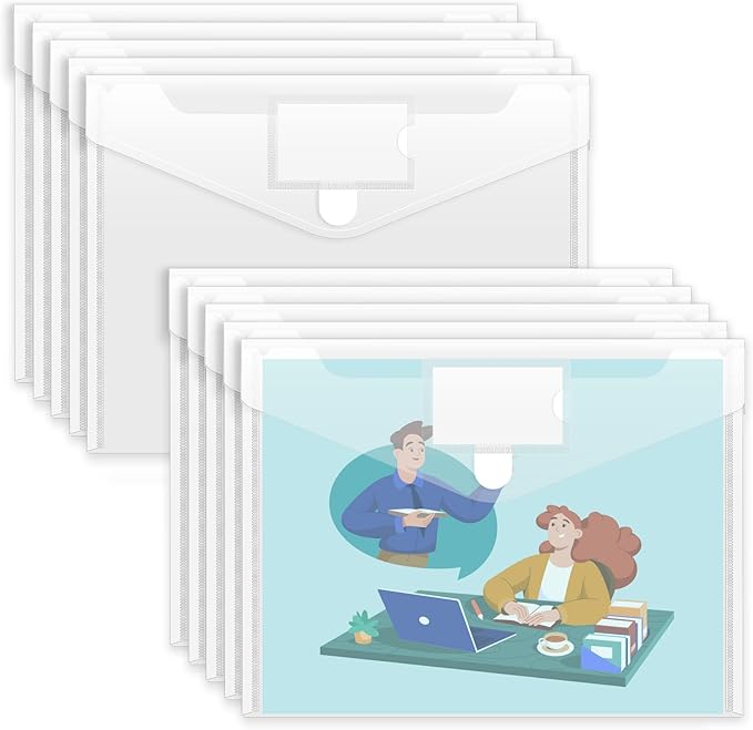 Sooez 10 Pack Plastic Envelopes File Folders, Clear Folder for Document US Letter A4 Size Poly Envelopes with Label Pockets for School Home Work Office Organizer, Clear