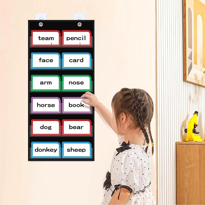 10”W x 25”H Classroom Words Pocket Chart with 6 Clear Pockets, Black Standard Pocket Chart for Classroom and Home for Sentence Strips, Reusable Words Hanging Pocket Chart (Black)