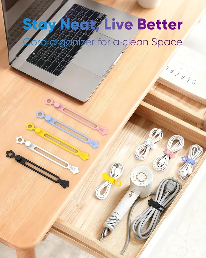 36-Pack Silicone Cable Ties, Reusable Cord Organizer Straps With 2 Binding Methos, Durable & Stretchable Wire Management for Home, Office, Travel (White)
