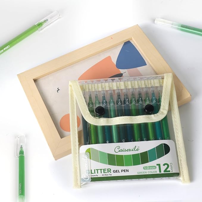 12 Green Glitter Gel Pens Set, 1.0 mm Fine Point for Black Paper & White Paper, Large Capacity Pens for Journaling, Adult Coloring Books, Drawing, Note Taking, Highlighting