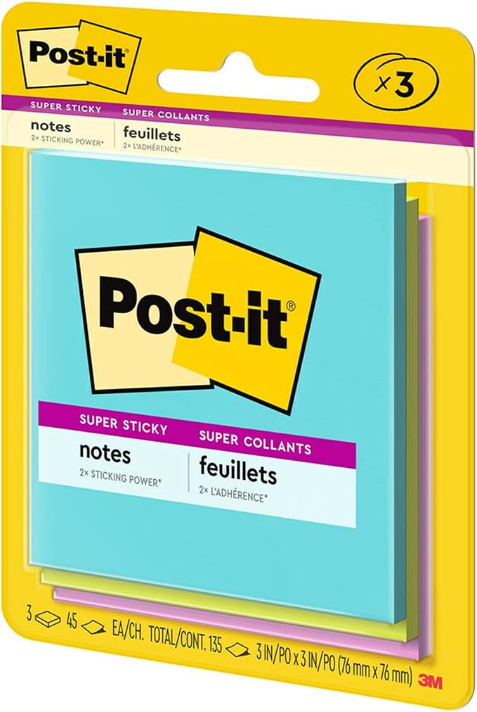 Post-it Super Sticky Notes, 3x3 in, 3 Pads, 2X The Sticking Power, Supernova Neons, Bright Colors, Recyclable (3321-SSMIA), (Pack of 48)