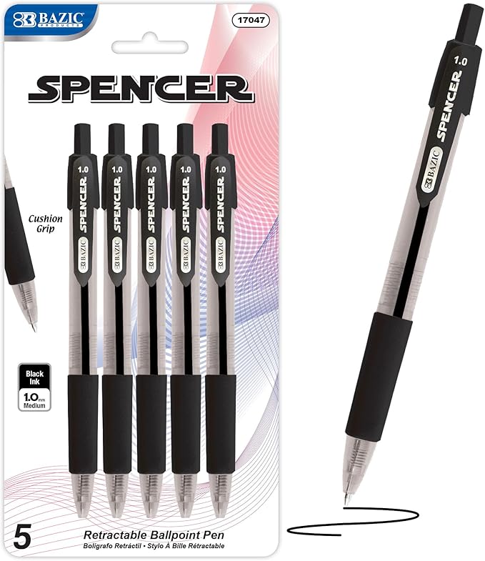 BAZIC PRODUCTS Gel Pens, Spencer Retractable Gel Pen, 1.0 mm Bold Tip for Smooth Writing for Office, School, or Teacher Use, Premium Writing Pens (5/Pack), 144-Packs