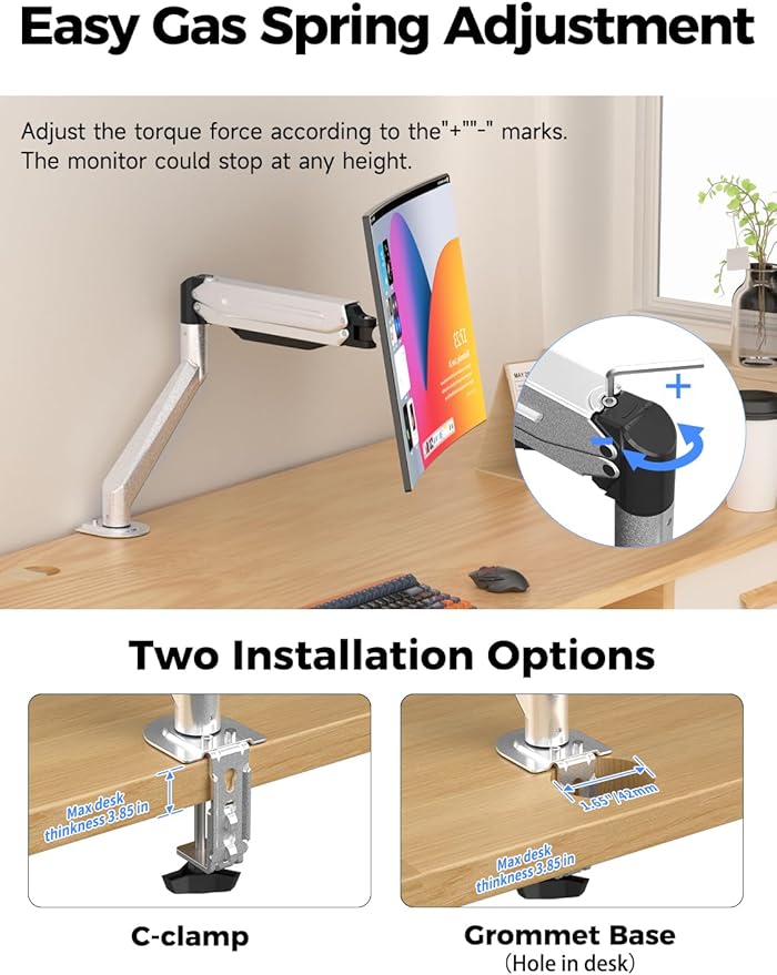 Suptek Monitor Mount Gas Spring Monitor Arm Desk Mount Fully Adjustable Fits 17 20 22 23 24 26 27 32 35 inch Monitors Weight Capacity up to 24.25 lbs (Silver)
