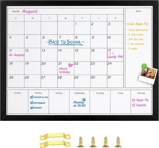 3-in-1 Dry Erase Calendar for Wall, 23.6x17.7 inches Magnetic Surface Monthly & Weekly Planner Whiteboard, Dry Erase Board with Black Wood Frame, Hanging White Board Calendar(YL+ZL-BK,4560)