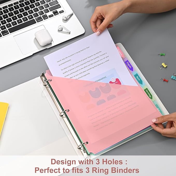5 Tabs Dividers with Pockets for 3 Ring Binder, 15 Counts Binder Dividers for US Letter Size, Binder Dividers with Tabs for School Office and Home Organization, 5 Pastel Color (3)