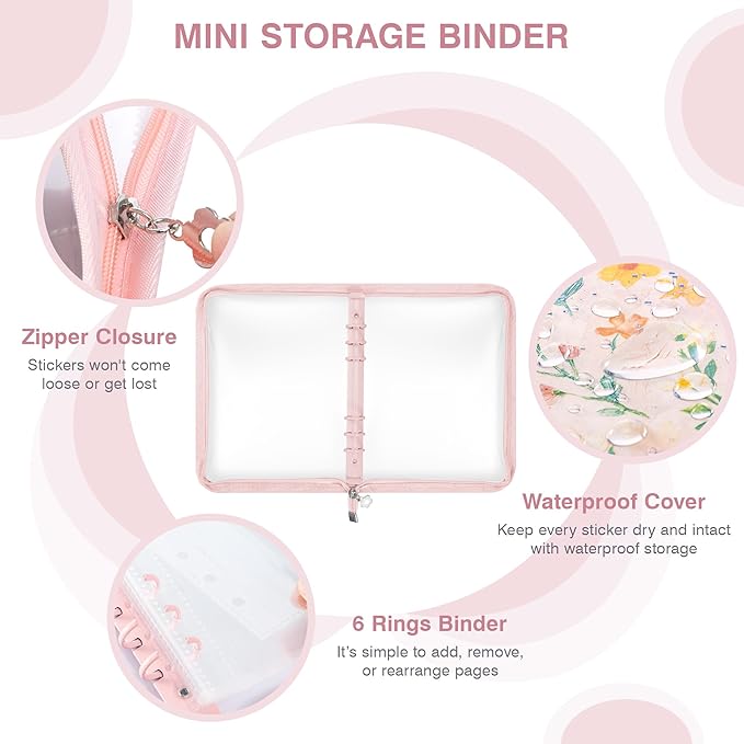 Ospelelf Reusable Sticker Book Organizer Mini Zippered 6 Ring Binder for Collecting, Includes Transparent Pockets, Release Paper, Essential for Scrapbook Planner Enthusiasts, Pink