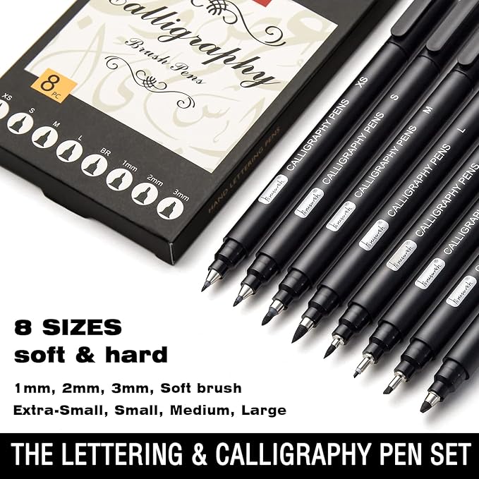 Calligraphy Pens,8 Size Calligraphy Pens for Writing,Brush Pens Calligraphy Set for Beginners, Hand Lettering Pens