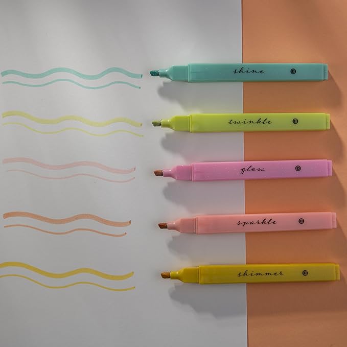 DIVERSEBEE Glitter Bible Highlighters with Soft Chisel Tip, 5 Pack Assorted Color Pens No Bleed, Quick Dry, Cute Aesthetic Marker Set for Bible Study Journaling Supplies (Sunshine)