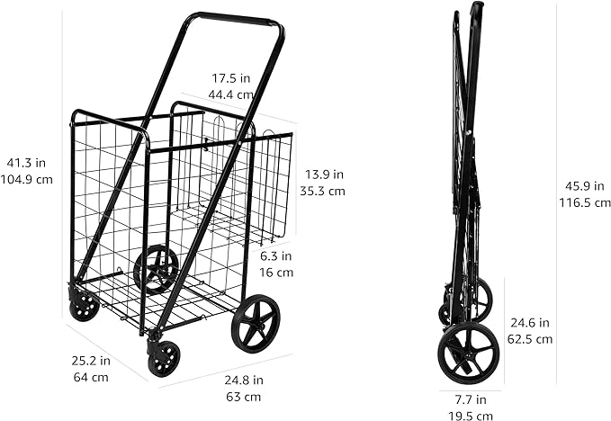 Amazon Basics Foldable Collapsible Shopping Utility Cart with 360-Degree Wheels, Multi-Functional for Sports, Easy Assembly, X-Large, Black