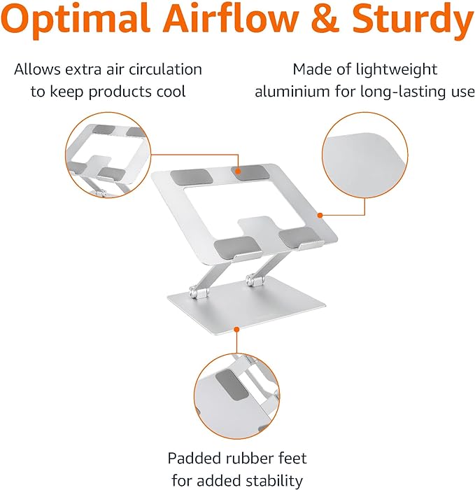 Amazon Basics Sturdy and Portable Ergonomic Laptop Stand for Desk, Height Adjustable Riser with Ventilated Cooling, Foldable, Fits all Laptops up to 17.3 Inch, Silver, 10 x 8.7 x 6 in