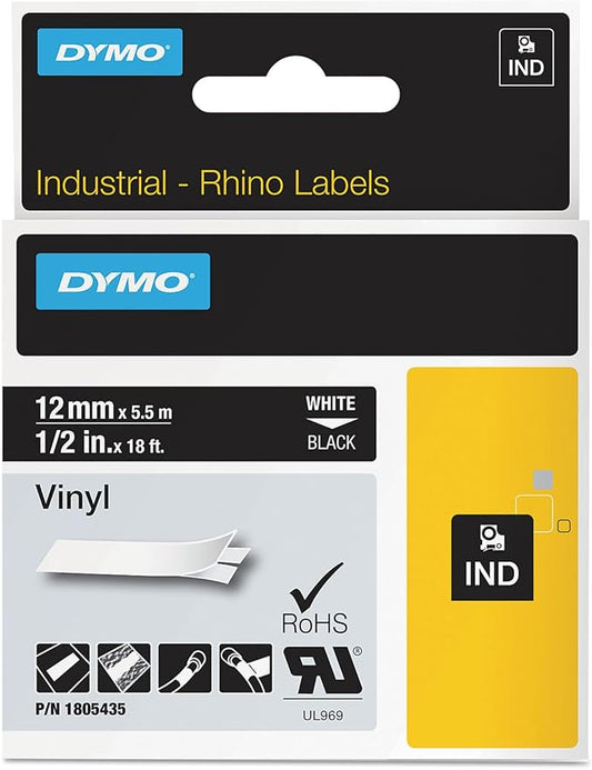 Rhino Permanent Vinyl Industrial Label Tape, 1/2" x 18 ft, Black/White Print