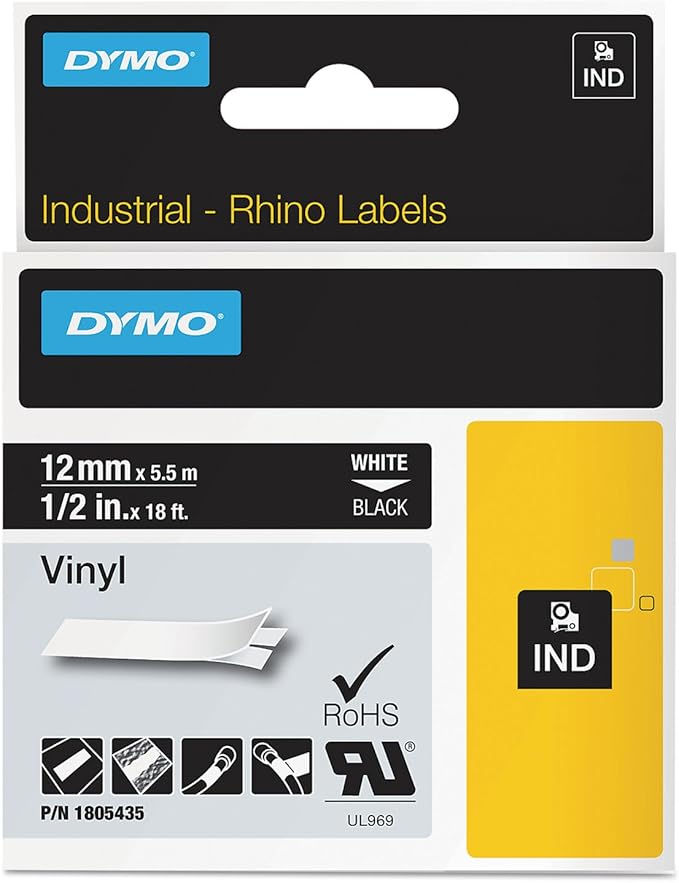 Rhino Permanent Vinyl Industrial Label Tape, 1/2" x 18 ft, Black/White Print