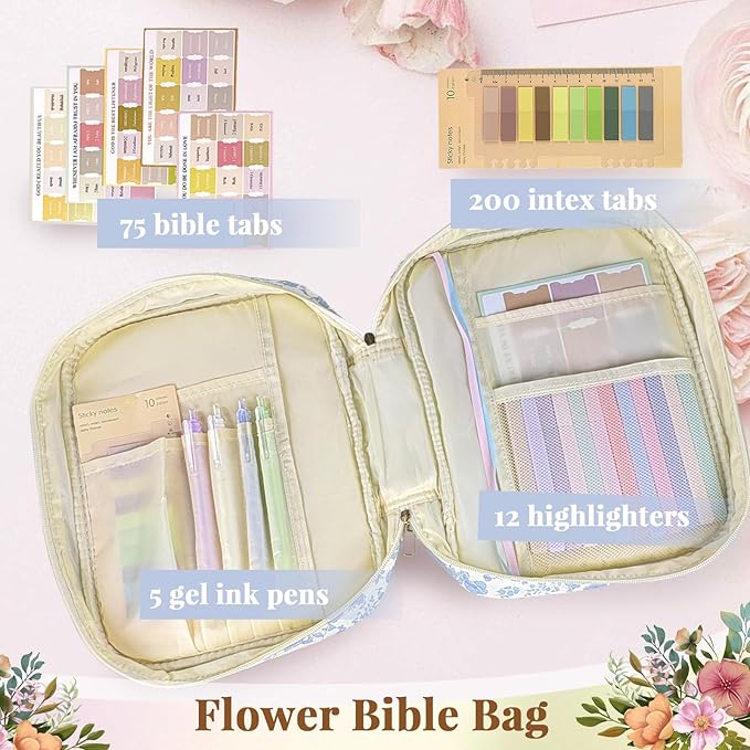 Bible Cover Case for Women,Bible Study Supplies Accessories,Bible Journaling Kit,Blue Flower Carrying Case with Highlighters