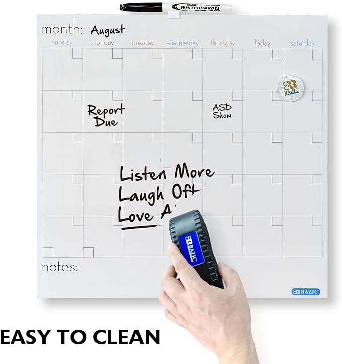 BAZIC Products Magnetic Dry Erase Calendar Board Tile + Markers & Magnets, 14" X 14" Calendar Whiteboard for Office Schedule Planner, 2-Pack