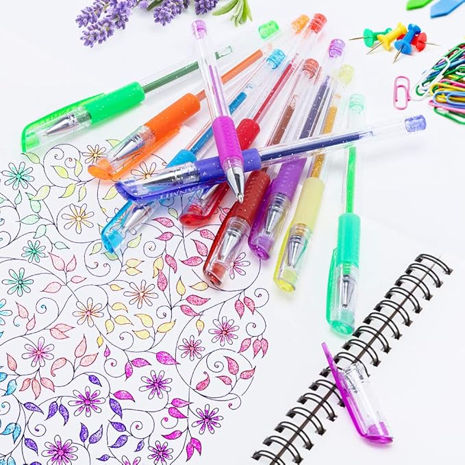 TANMIT Glitter Gel Pens, 33 Colors Neon Glitter Pens Set Gel Art Markers with 40% More Ink for Adult Coloring Books, Drawing, Journaling, Doodling