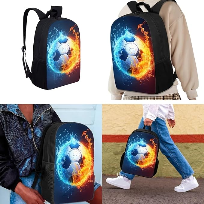 Soccer Backpack for School Water & Fire Soccer Ball Backpack with Lunch Box Kids School Bookbag 3 in 1 Set School Bag with Lunch Bag Pencil Case, Large Lightweight Kids Backpack for School