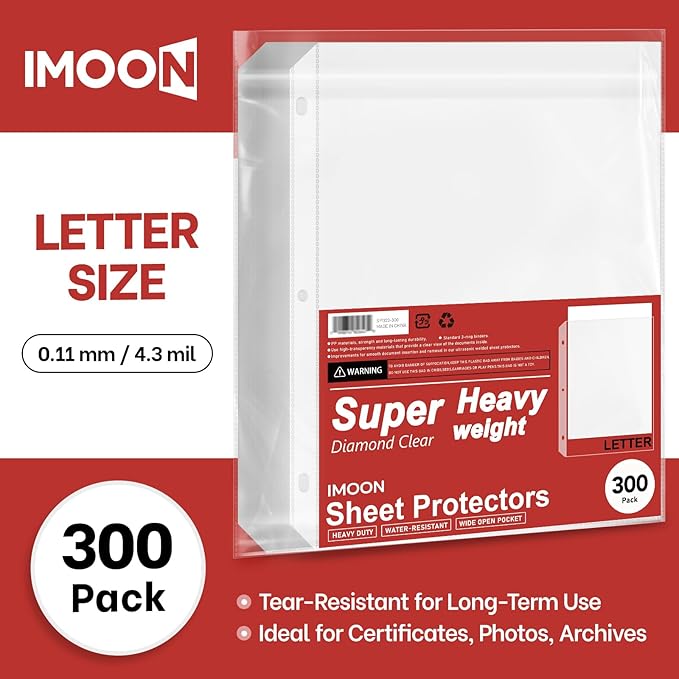 Super Heavyweight 3-Hole Letter Size Sheet Protectors - High Transparency Plastic Heavy Duty Sleeves for 3 Ring Binders, Archival Safe, Durable Page Protectors for Documents, 8.5x11 Inch (300 Pack)