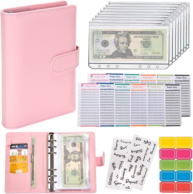 NICOOTHBudget Binder Cash Envelopes A6 Money Saving Binder with Zipper envelopes (Pink)