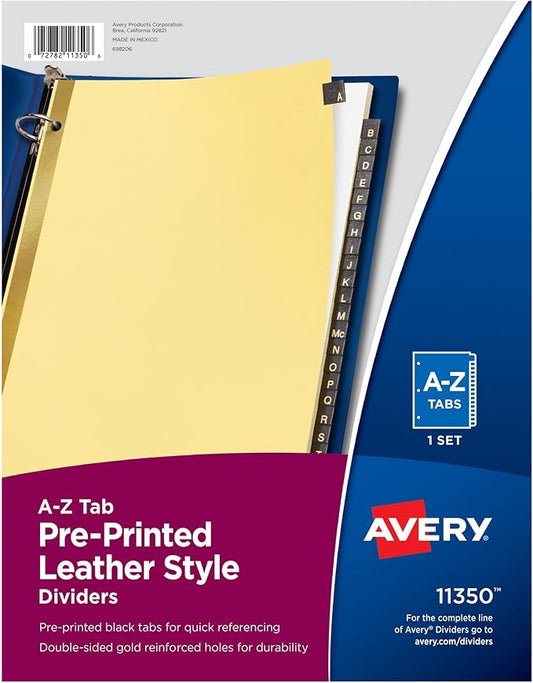 Avery A-Z Dividers for 3 Ring Binders, 25-Tab Set, Pre-Printed Black Leather Tabs, 1 Binder Divider Set (11350)