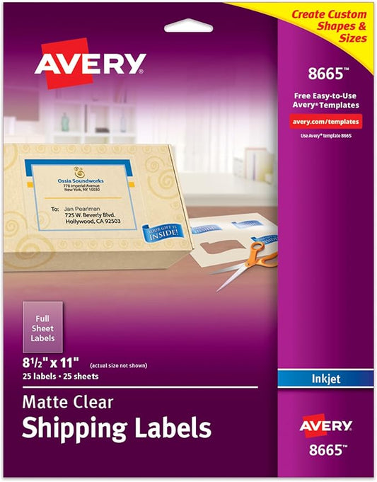 Avery Full Sheet Printable Shipping Labels, 8.5" x 11", Matte Clear, Inkjet, Create Custom Labels Using Scissors or Electronic Cutting Machines, 25 Total (8665)