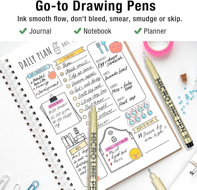 KERIFI 05 Micro Fineliner Drawing Art Pens: 12 Colors 0.45mm Multiliner Fine Liner Pens, Fine Point No Bleed Waterproof Archival Ink Pen Set for Bible Journal Watercolor Zentangle Kit Stuff Supplies