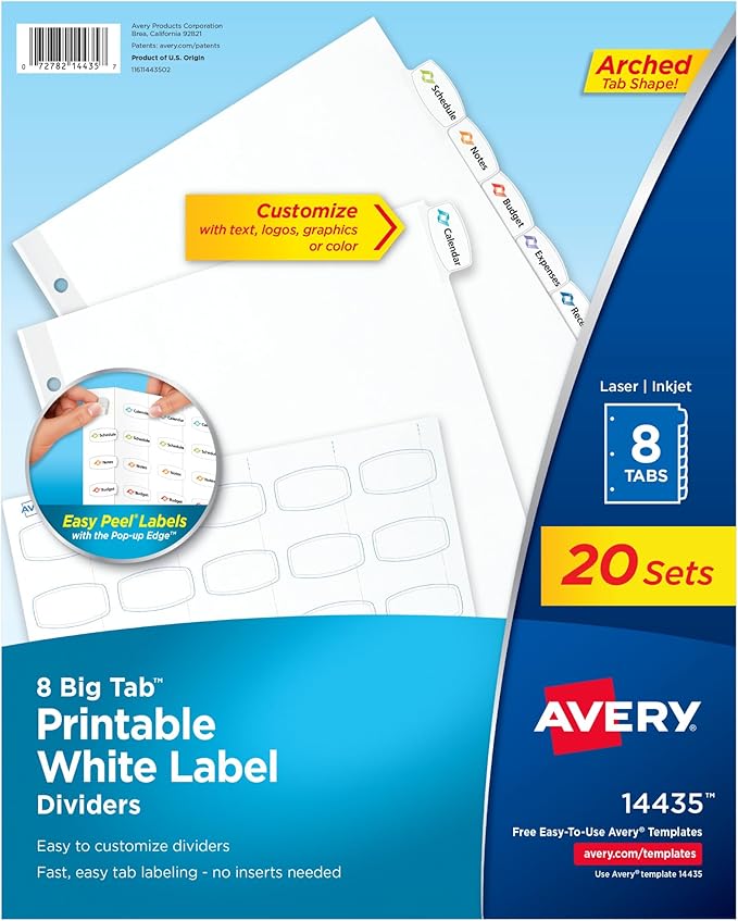 Avery Big Tab Printable White Label Dividers for 3 Ring Binders, 8 Tabs per Set, White, 120 Sets Total, Great for Office Supplies, School Supplies, Organizing, and More (6 Packs of 14435)