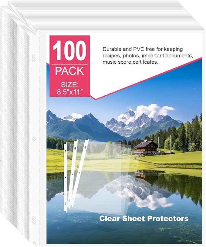 100-Pack Standard Weight Sheet Protectors 8.5"x11" Top-Loading Acid-Free Document Sleeves for School, Office, Home & 3-Ring Binders