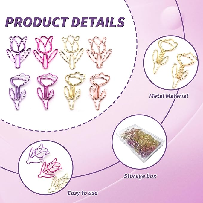 Hesena 100 Pcs Cute Flower Shaped Paper Clips Set, 50 Pcs Floral & 50 Pcs Tulip Shaped Shape Paper Clipss, for Office and Home (Flower Shaped)