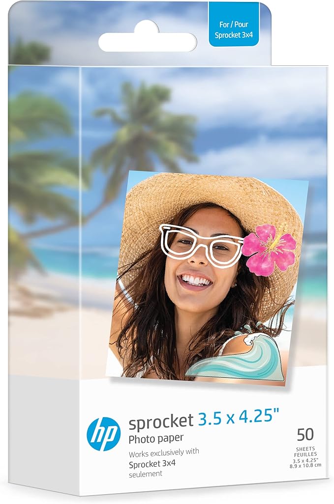 HP Sprocket 3.5 x 4.25” Zink Sticky-backed Photo Paper (50 Pack) Compatible with HP Sprocket 3x4 Photo Printer