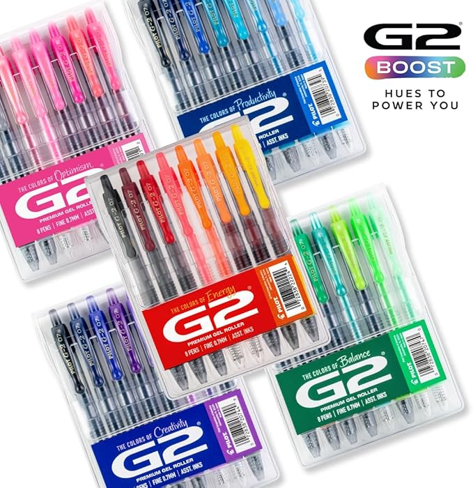 Pilot G2 Premium Gel Roller Pens, Fine Point Gel Pens, Boost Pink Pack, The Colors of Optimism, 8-Pack Pouch, 0.7 mm, Assorted - Ideal for School, Journaling, & Office Writing