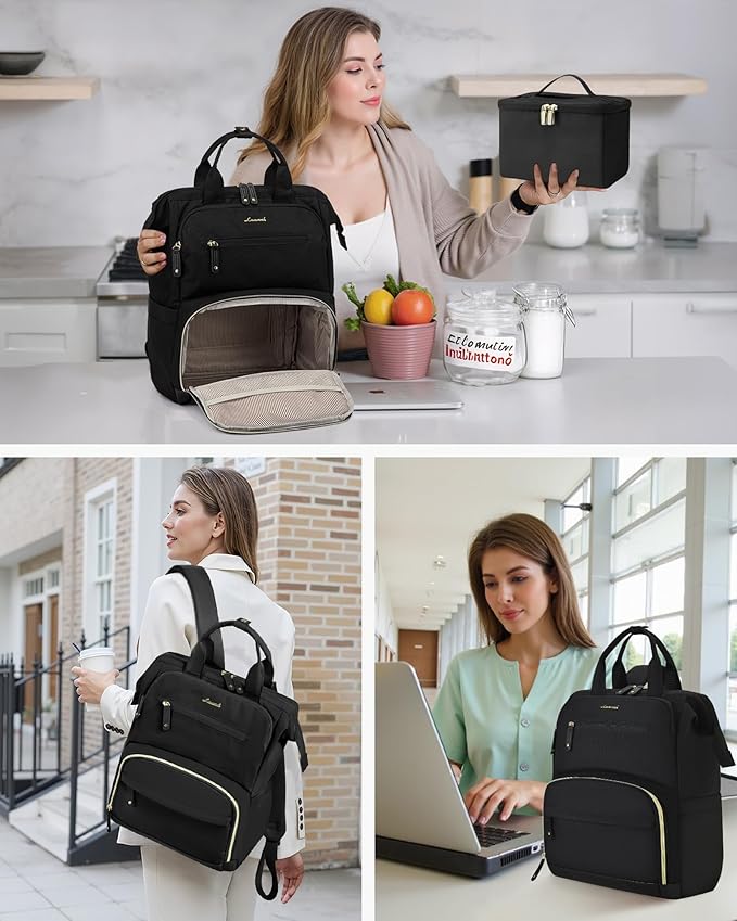 LOVEVOOK Lunch Backpack for Women, 17 Inch Laptop Bag with Insulated Cooler Lunch Box, Work Backpack for Teacher Nurse, Travel Backpacks Lunch Bag for Camping Picnic Daily Use