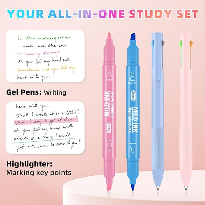 Dual Tip Aesthetic Highlighters 8 Colors and 2 Pcs 3 in 1 Multicolor Gel Pens 6 Colors Ink, Chisel & Fine Tips, No Bleed, Cute Bible Highlighters Assorted Colors for Journaling Textbook