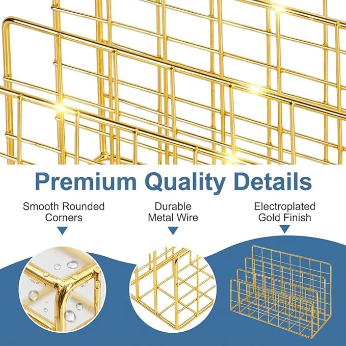 Simmer Stone Letter SorterOrganizer for Desk, Premium Plated Metal Mail Holder, 3-Slot Ultra-Stable Non-Wobbling Desktop Organizer for Envelopes, Documents, Palettes, 9.5 x 4.7 x 6 Inche, Gold