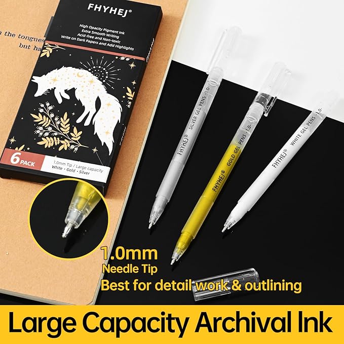 Fhyhej Gold Silver White Gel Pens,1.0mm Fine Point Gel Ink Pen Archival Ink Pens for Black Paper Drawing, Sketching, Illustration, Card Making, Bullet Journaling, 6 Pack