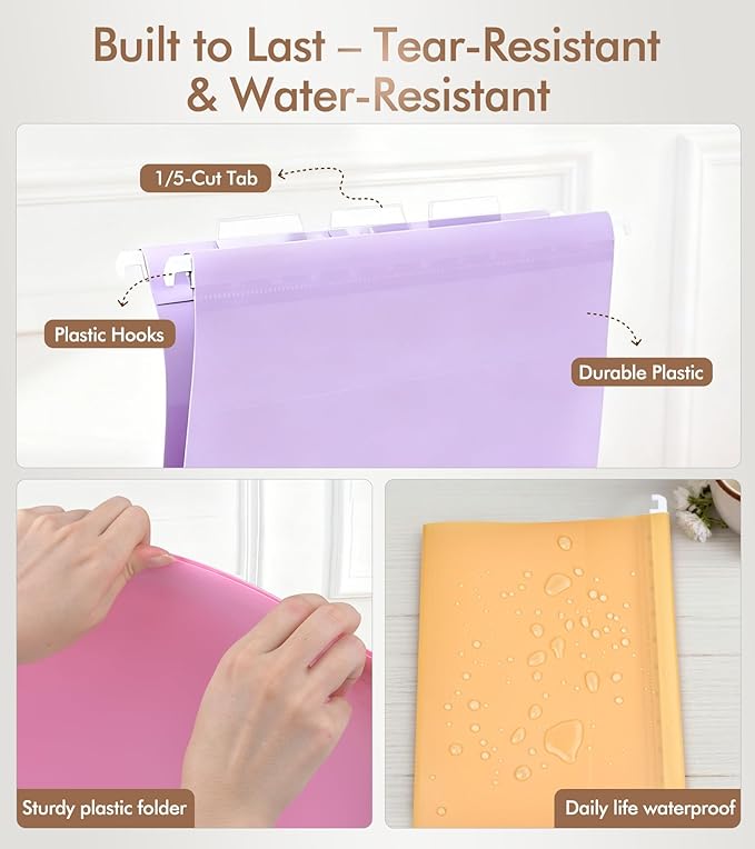 Plastic Hanging File Folders Letter Size, Colored Hanging File Folders with Tabs, Durable Waterproof Plastic Hanging Folders for Filing Cabinets, Office, School & Home Organization (15, Pastel)