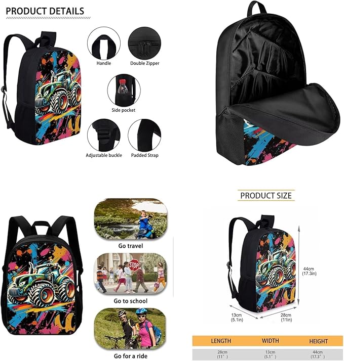 CLOHOMIN Tractor Bookbag for Kids Boys with Lunch Bag Large Capacity Bookbag Set of 3 Cool Lunch Box Pencil Case for Kids Ages 6-8/8-12 Middle School Bag 2nd Grade with Lunchbox