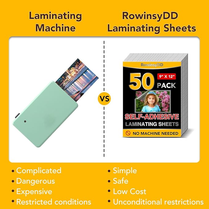 50 Pack Self Adhesive Laminating Sheets, 9 X 12 Inch, Clear Sticker Laminate Sheets Waterproof for Documents, Photos, No Machine Needed Heatless Durable