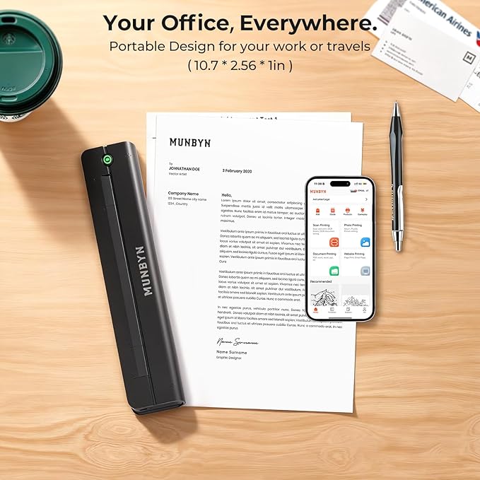MUNBYN Portable Printer Wireless for Travel, Small Bluetooth Inkless Thermal Printer Support 8.5 x 11 US Letter & A4, Compatible with Laptop, macOS,Windows, Android & iOS for Car,Home Office & School