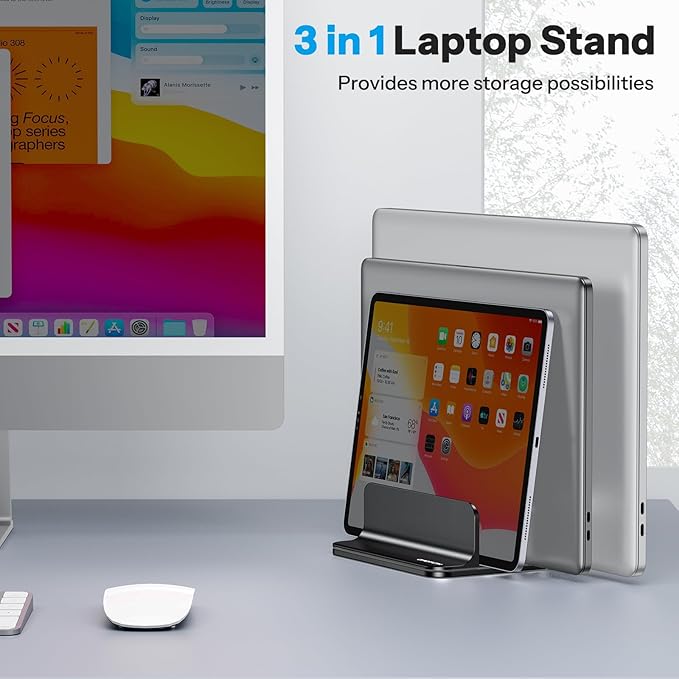 OMOTON 3-Slot Vertical Laptop Stand, Desktop Aluminum Stand for MacBook with Adjustable Dock Size, Fits All MacBook, Surface, Chromebook and Gaming Laptops (Up to 17.3 inches), Black