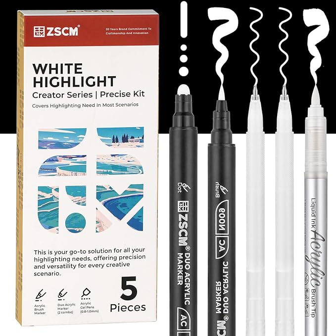 5 Pack White Acrylic Ink Pens for Drawing, Fine Point White Gel Pens, Opaque Acrylic Markers for Black Paper Drawing, Sketching, Illustration, Card Making