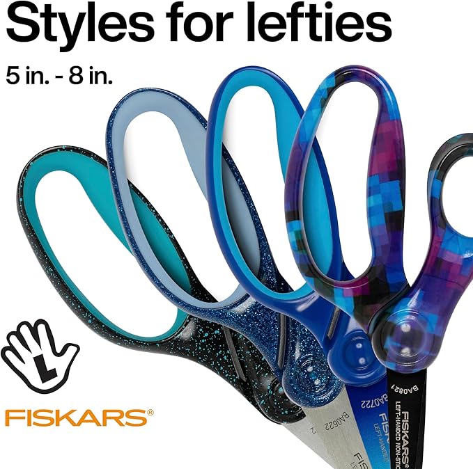 Fiskars 7" SoftGrip Left-Handed Student Glitter Scissors for Kids 12+ - Left-Handed Scissors for School or Crafting - Back to School Supplies - Blue Glitter