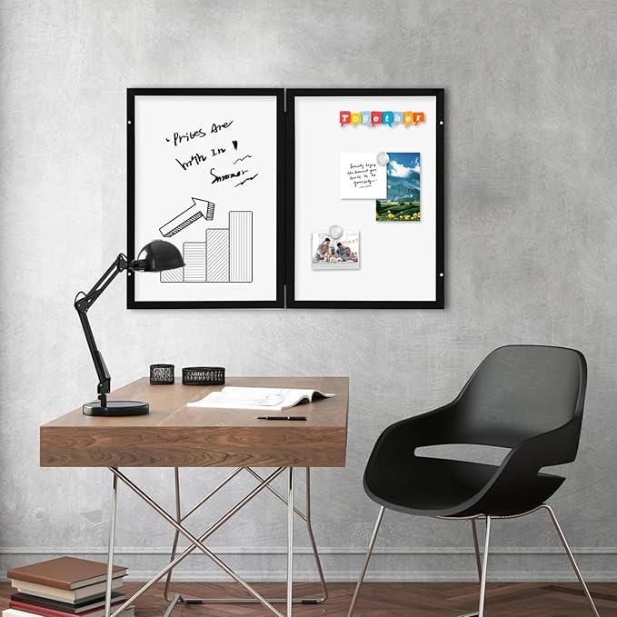 Black Frame Enclosed Whiteboard with Wooden Frame, Approx.17x23in / 43x58cm Poster Frame and whiteboard, Functional Whiteboard for Office, Home(Poster Not Included)(MMB-BK-4358)