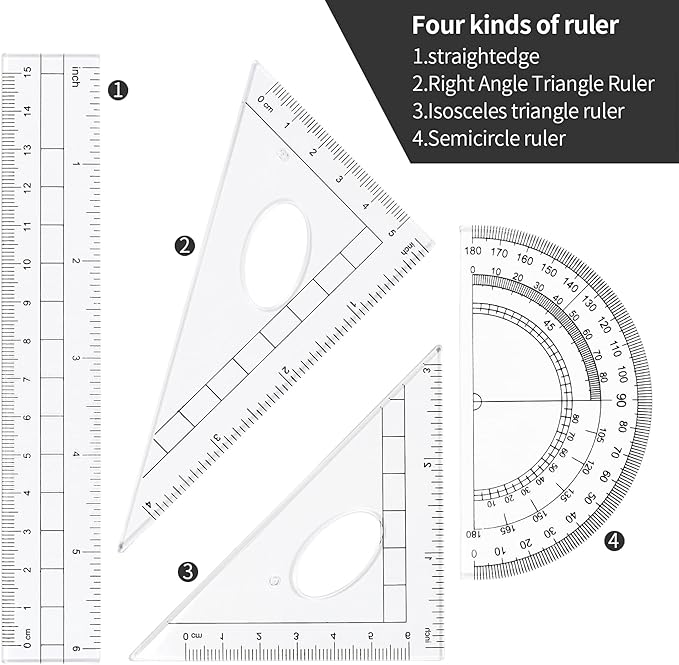 Math Geometry Kit Sets 10 Piece Student Supplies with Shatterproof Storage Box,Includes Rulers,Protractor,Compass,Eraser,Pencil Sharpener,Lead Refills,Pencil,for Drafting（Black）